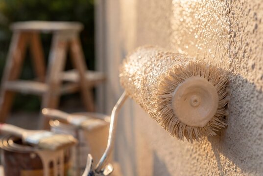 Close up of paint roller applying beige paint on textured wall outdoors at sunset home renovation and exterior decorating concept professional painting tools and equipment