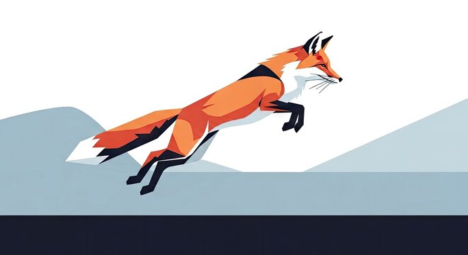 Jumping fox illustration against a minimalist landscape background vector art