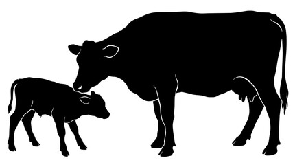 Black silhouette of a mother cow nuzzling her calf, isolated on transparent background © Hughes