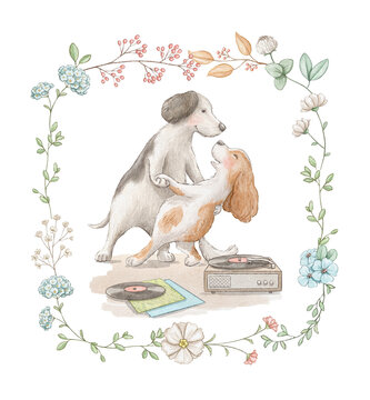 Watercolor composition card with family of smiling pair of dogs animals dancing to music on record for Valentine's Day framed rectangle of flowers isolated of white background. Hand drawn illustration