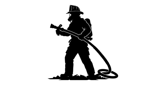 Firefighter silhouette holding hose, isolated on transparent background