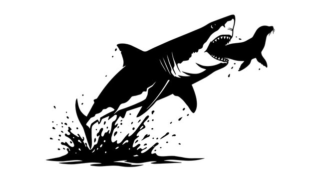 Great white shark leaping from water biting a seal, isolated on transparent background