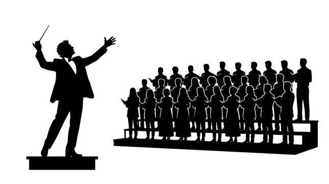 Conductor leading choir on risers, isolated on transparent background