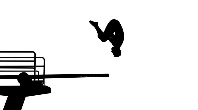 Black silhouette of a diver performing a flip from a diving board, isolated on transparent background
