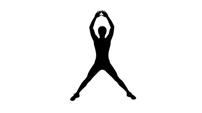Black silhouette of a person performing a jumping jack exercise, isolated on transparent background