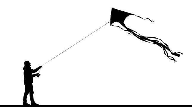 Silhouette of person flying a black kite with long streamers, isolated on transparent background