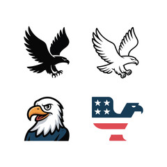 Fototapeta premium Bald eagle icons set with flying silhouette and proud head emblem, patriotic wildlife symbol for independence day posters and logos