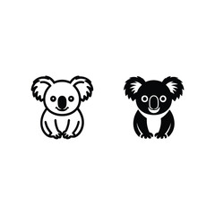 Fototapeta premium Koala bear icons, fluffy eucalyptus pet characters, black and white vector portraits, cute animal sticker pack, zoo mascot design