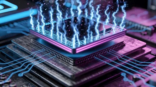 Futuristic processor animation with data streams rising from microchip, advanced computing technology concept for artificial intelligence, cloud processing and high speed digital systems
