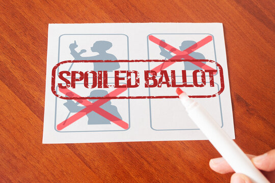 Ballot with a double vote and a spoiled ballot stamp, concept of an invalid vote in elections.