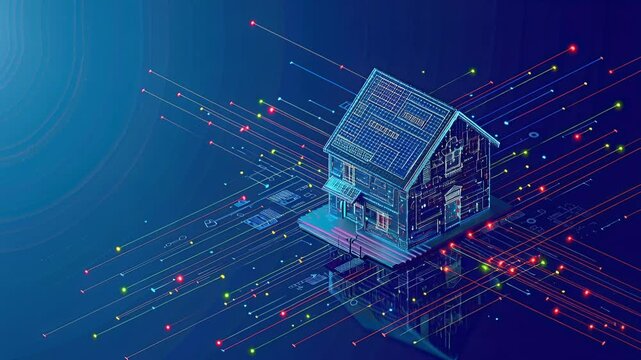 Smart home technology concept, house building with digits connected with icons of home smart devices, concept of system intelligent control house, IOT on blue background
