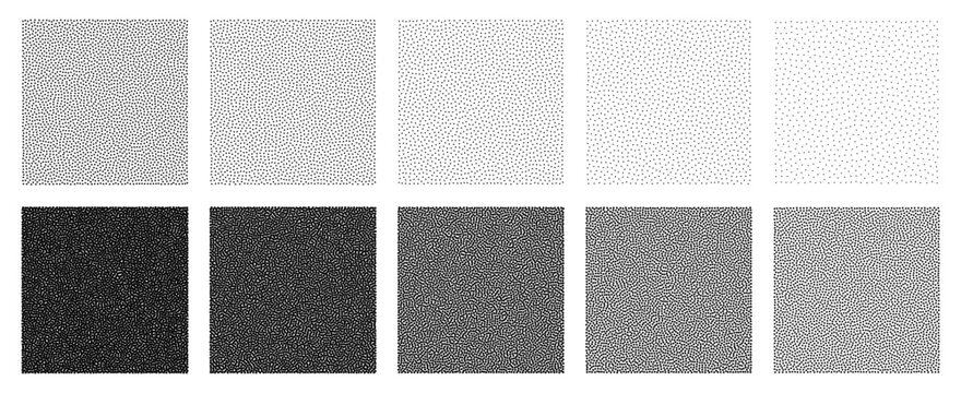 Set of noise grain textures with different density levels. Vector gradient halftone dots background collection. Monochromatic stipple pattern for design element and graphic effect.