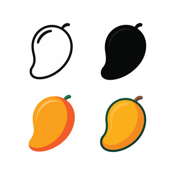 Mango icons set, line art solid and color styles, farmers market badge, summer picnic menu, tropical smoothie bar vector