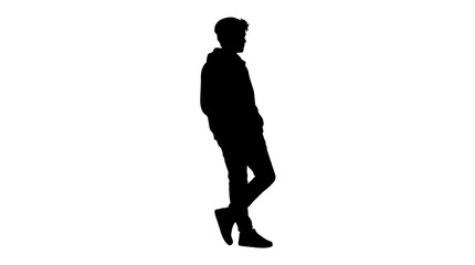 Silhouette of a young man in casual clothes leaning against an invisible surface, isolated on transparent background