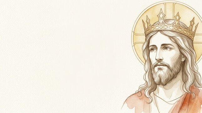 Christ the King with crown and halo, minimalist watercolor illustration