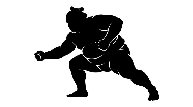 Black silhouette of a sumo wrestler in a fighting stance, isolated on transparent background