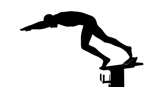 Swimmer silhouette on starting block poised for dive, isolated on transparent background