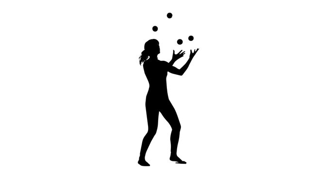 Silhouette of a woman juggling five balls, isolated on transparent background