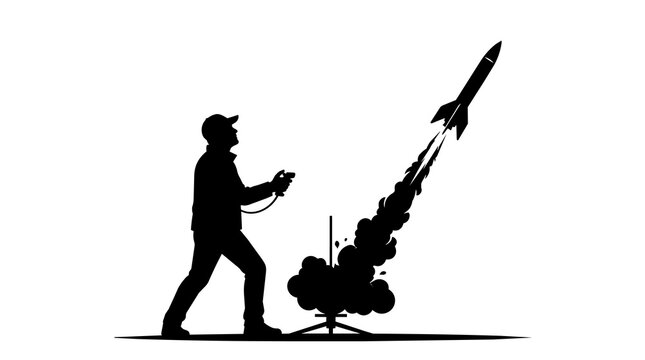 Man in cap launching rocket with remote control, isolated on transparent background