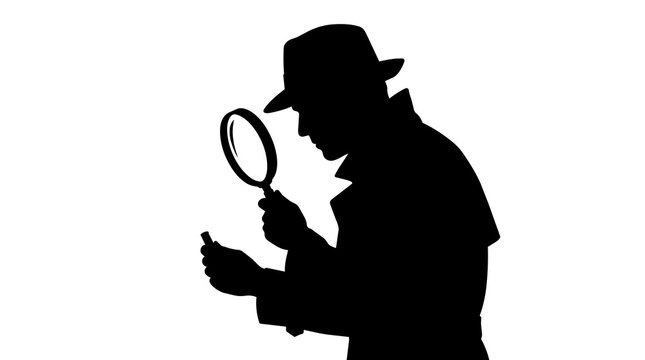 Silhouette of detective in hat and trench coat examining small object with magnifying glass, isolated on transparent background