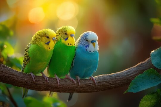 Calm roost: three colorful budgerigars on a sunlit branch