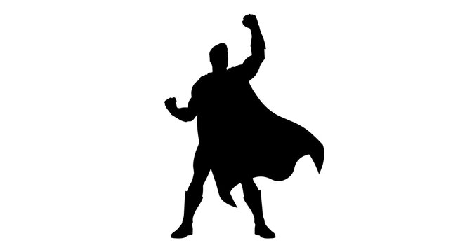 Black silhouette of a superhero with cape raised fist isolated on transparent background