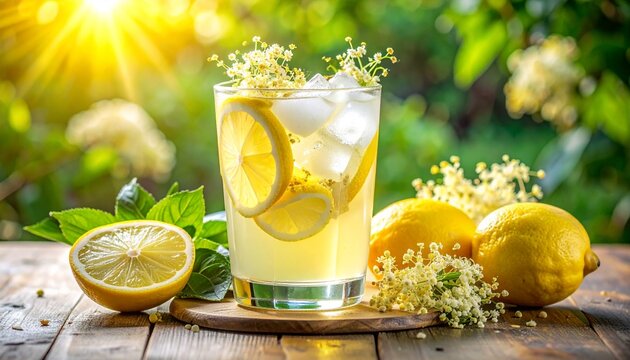 Erfrischende Holunderbl&uuml;tenlimonade mit Zitrone und Eis