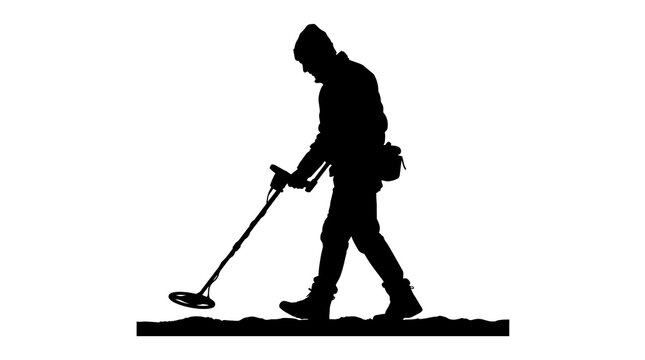 Silhouette of man with metal detector searching for treasure, isolated on transparent background