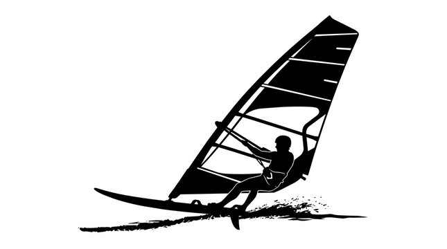 Black silhouette of a windsurfer on a board with a sail, isolated on transparent background