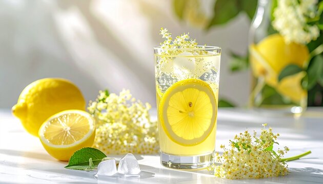 Erfrischende Holunderbl&uuml;tenlimonade mit Zitrone und Eis