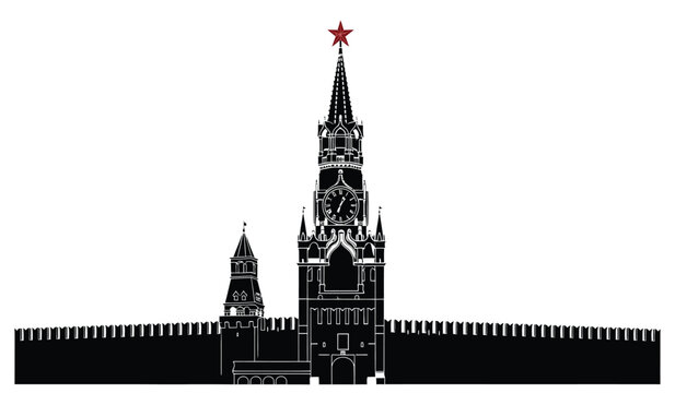 A stark black and white depiction of the spired moscow kremlin including clock faces and surrounding walls in silhouette high quality professional detailed modern