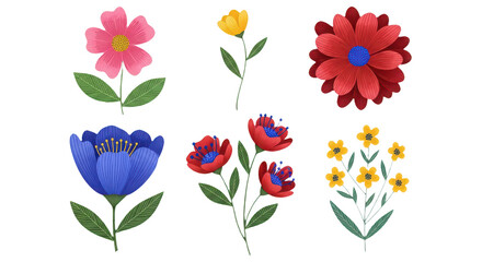Fototapeta premium Six stylized flat design flowers in various colors isolated on a transparent background