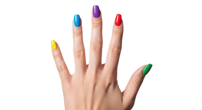 Hand With Multi Colored Fingernails On White Background isolated on a transparent background