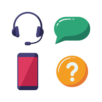 Call center icons set, headset chat bubble smartphone question mark, customer care banner, live support session, communication service, vector illustration