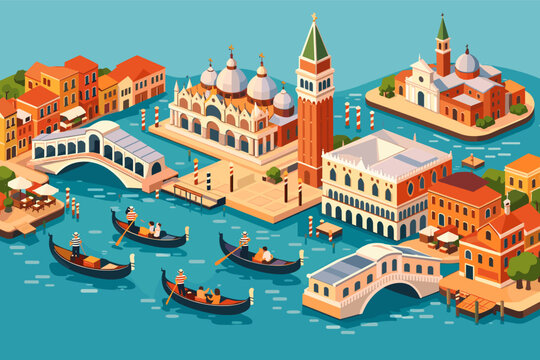 Charming Isometric Venice Landmarks Illustration Featuring Gondolas on the Grand Canal, Rialto Bridge, St Mark's Basilica, Campanile, and Colorful Venetian Architecture in a Flat Vector Style.