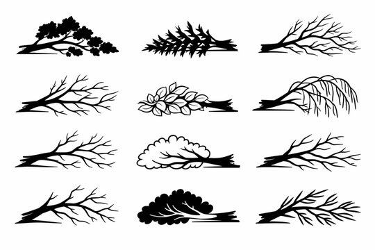 Set of fallen tree silhouettes and outlines with various leaf shapes and branch structures, representing storm damage or forest debris in a simple black and white line art vector illustration.