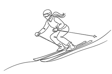 Obraz premium Continuous Line Drawing of a Female Skier Downhill Skiing on a Snowy Mountain Slope, Minimalist Vector Illustration of a Woman in Winter Sports Gear with Helmet and Goggles, Simple Line Art Style