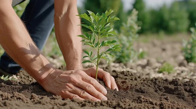 Hands of a Caucasian male gardener planting a young sapling into the soil, gently pressing down around the base to ensure stability in a lush green field
