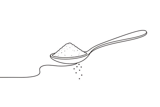 Minimalist Continuous One Line Drawing of a Spoon Full of Sugar, Salt, or Flour with Falling Grains. Simple Black and White Vector Illustration of a Teaspoon Utensil for Cooking and Baking Art.