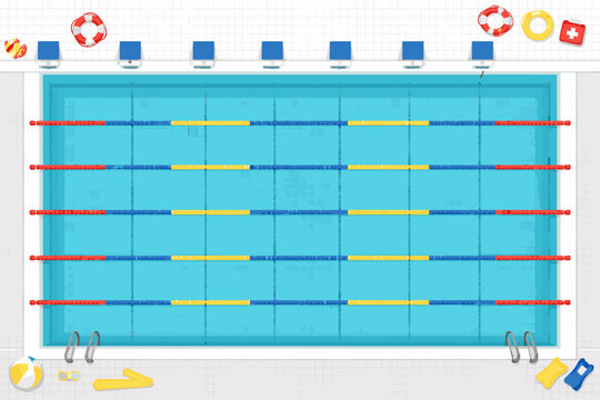 Top View Olympic Swimming Pool with Lanes, Starting Blocks, and Safety Equipment. Flat Vector Illustration of Professional Competition Pool with Lifebuoys, First Aid Kit, and Swimming Accessories.