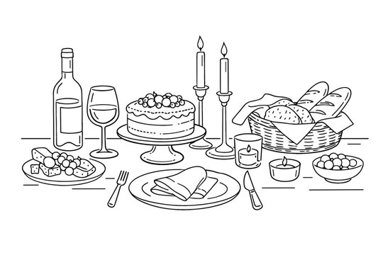 Vector illustration of a festive tablescape with wine bottle, glasses, lit candles, a berry cake, bread basket, and cheese plate. Elegant line art of a dinner table setting for a celebration.