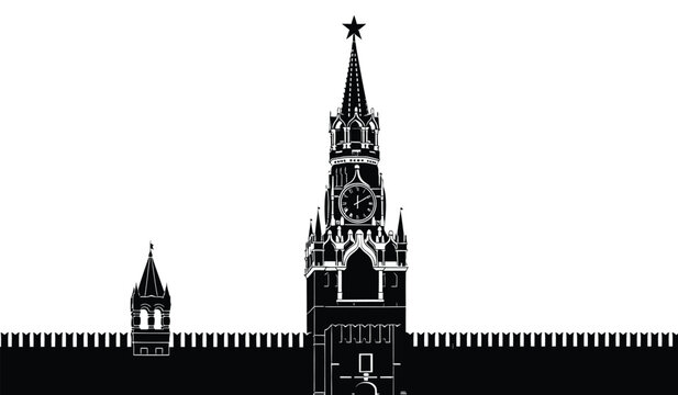 A striking black and white depiction showcases the iconic spires of moscow s kremlin presenting a dramatic silhouette high quality professional detailed modern elegant