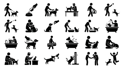 Obraz premium Pet Care Lifestyle Silhouette Icon Set 20 Pet Owner Activities Solid Black Vector Collection