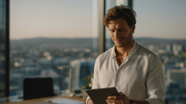 Startup founder reviews same-day delivery app metrics on tablet at standing desk, city skyline visible through floor-to-ceiling windows, courier GPS blips pulse across live map, perfect for delivery