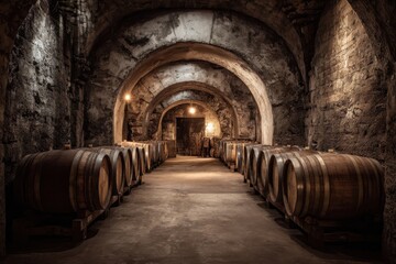Obraz premium Ancient Cellar Scene: Long Rows of Barrels in a Humid, Quiet Vault