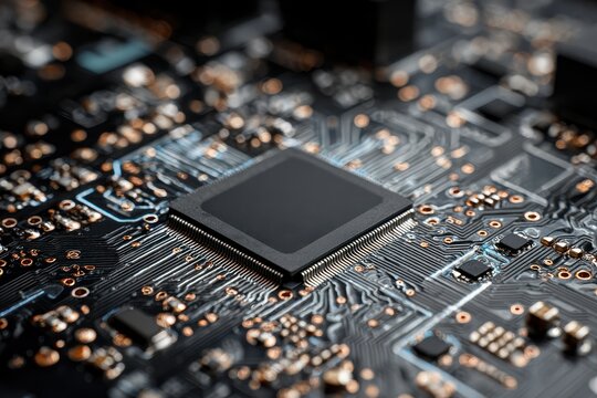 Macro close-up of a black motherboard with a central processor chip, copper traces, and dense circuitry