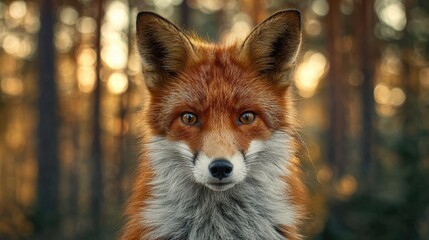 Fototapeta premium Intense fox head shot in warm woodland light