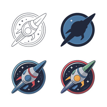 Rocket badge icons collection, round mission patch designs, space camp poster, science fair graphic, astronomy club banner, vector illustration