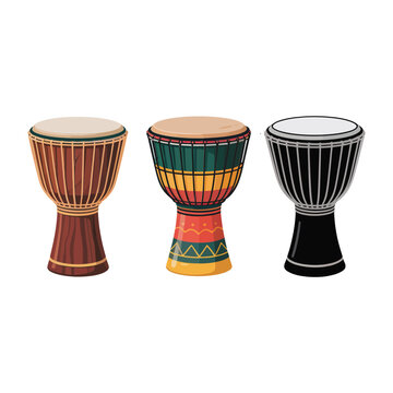 African djembe drum icons set, world music festival poster, percussion workshop branding, cultural performance night, rhythm instrument elements, vector illustration