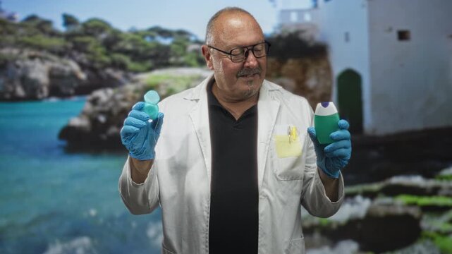 Man doctor in white coat holds dental floss container and toothpaste bottle in studio; oral hygiene reassurance.